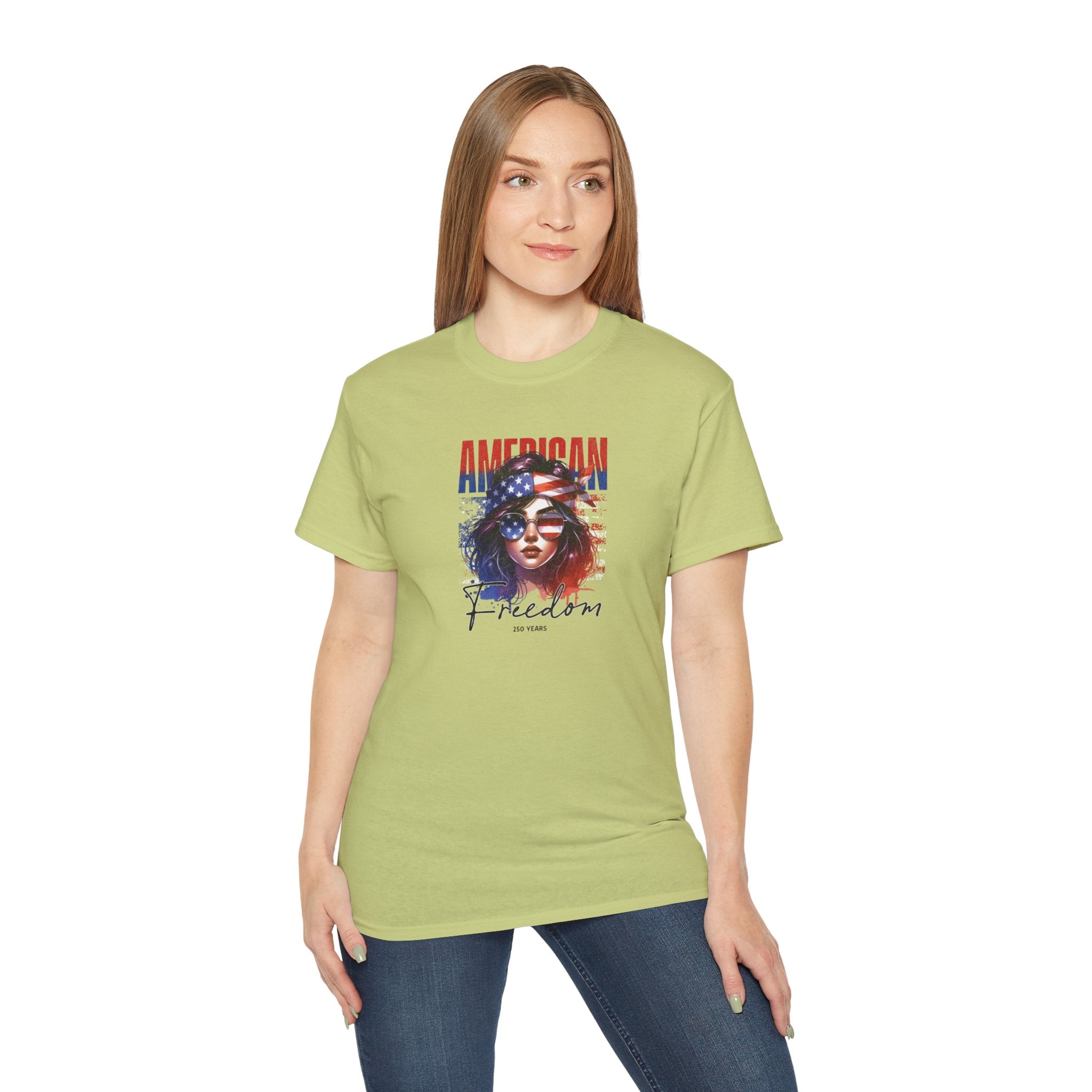 American Freedom Graphic Tee — Patriotic Flag Woman Design