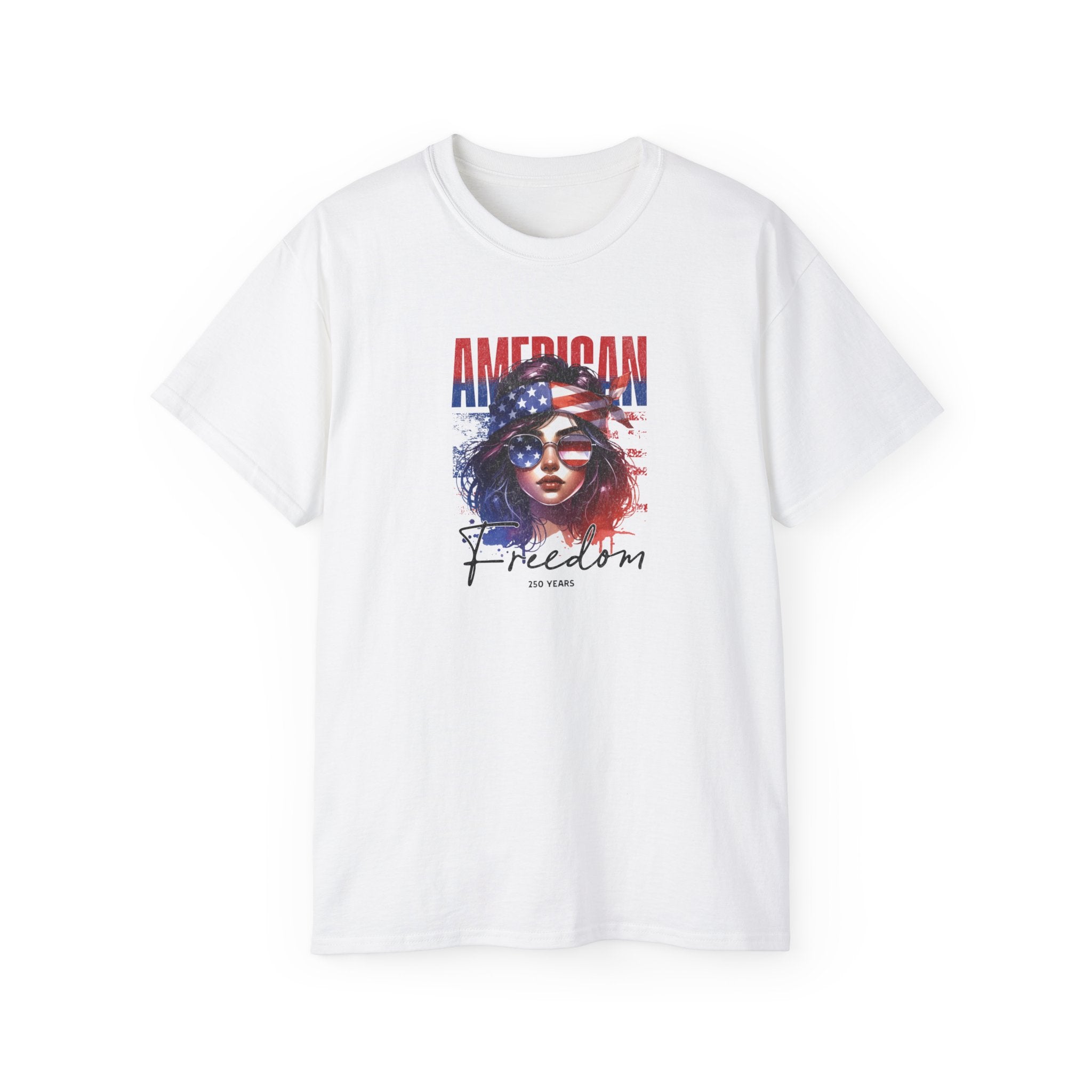 American Freedom Graphic Tee — Patriotic Flag Woman Design