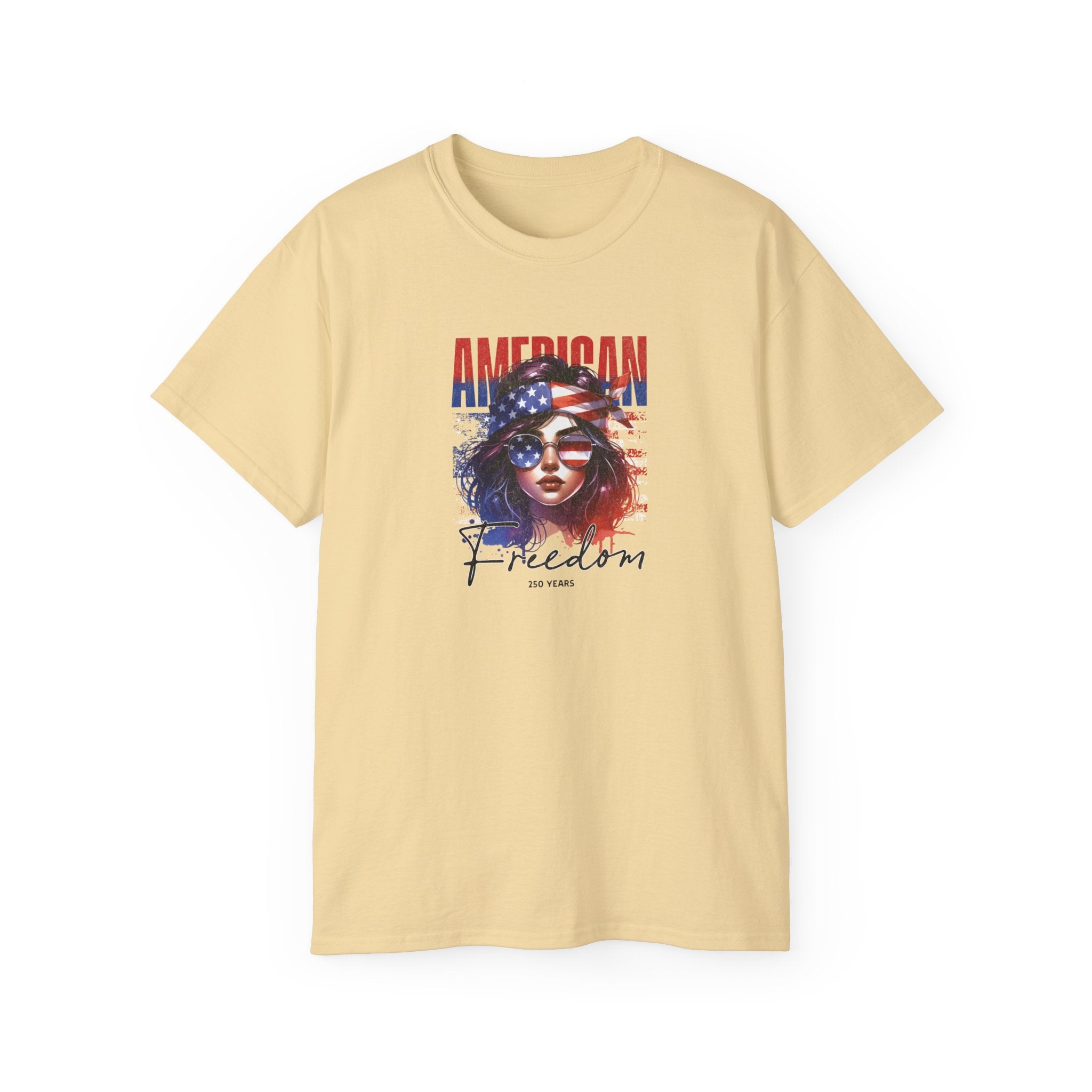 American Freedom Graphic Tee — Patriotic Flag Woman Design