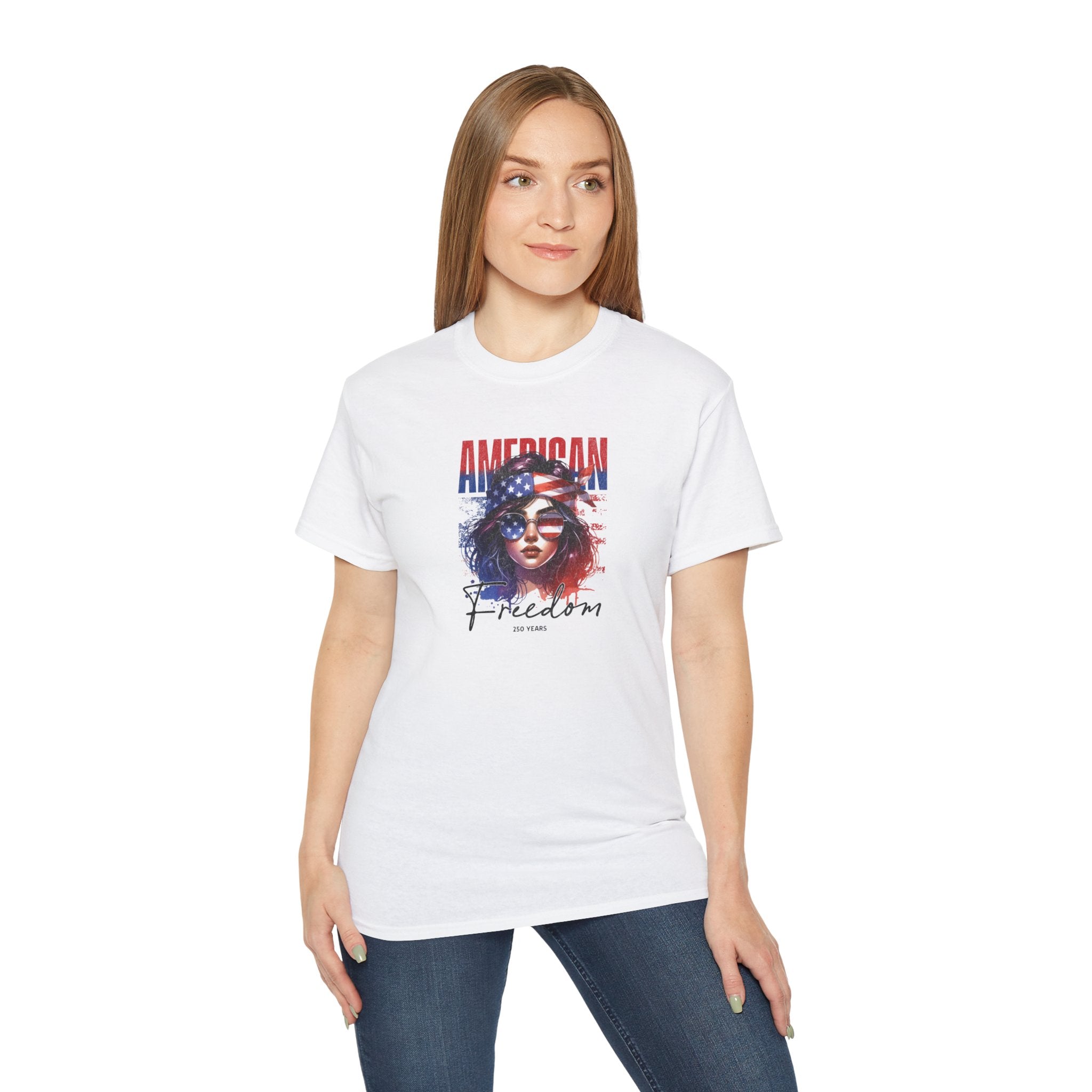 American Freedom Graphic Tee — Patriotic Flag Woman Design