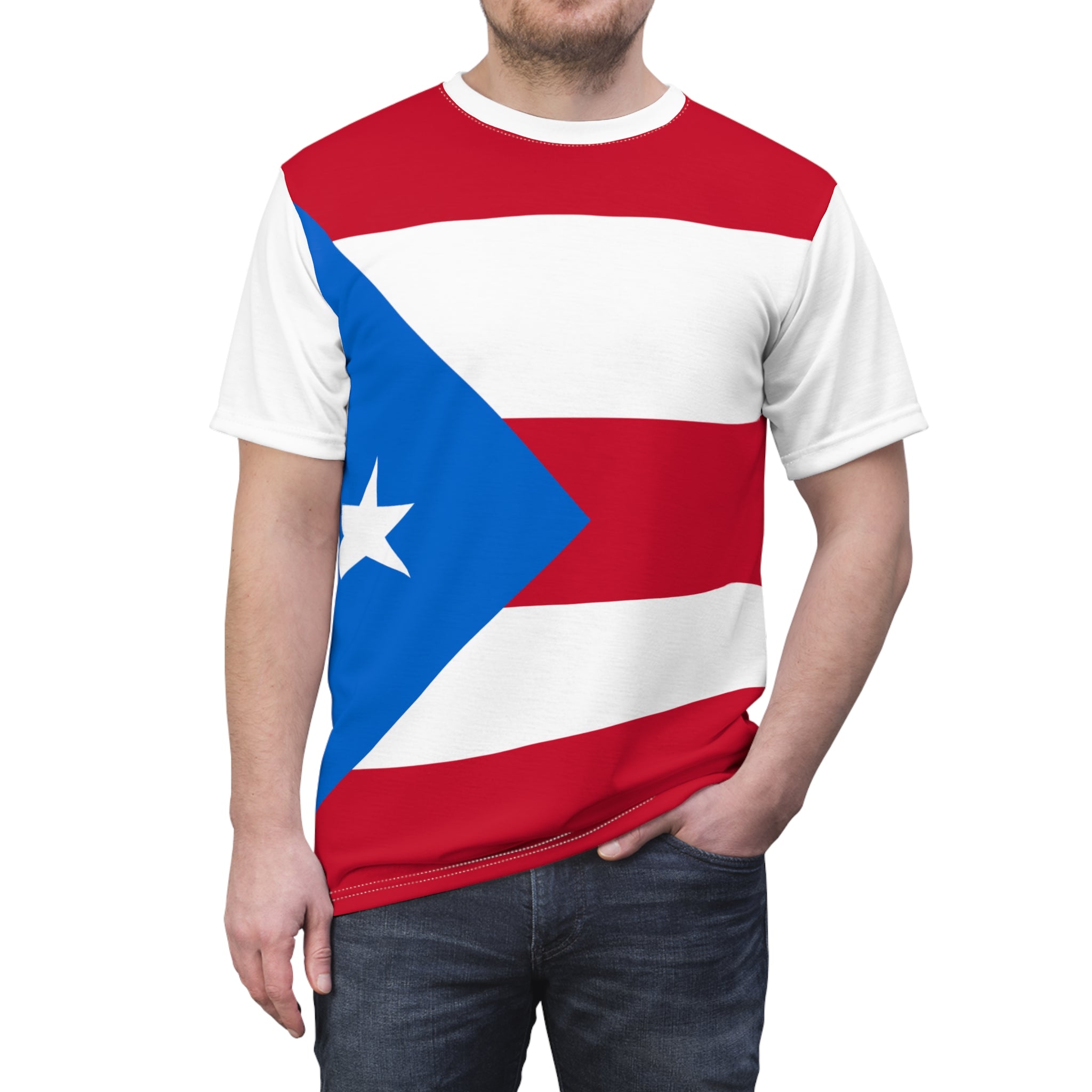 Wrap Around Puerto Rico Flag Tee — Bold Red & White Stripes with Blue Triangle Star