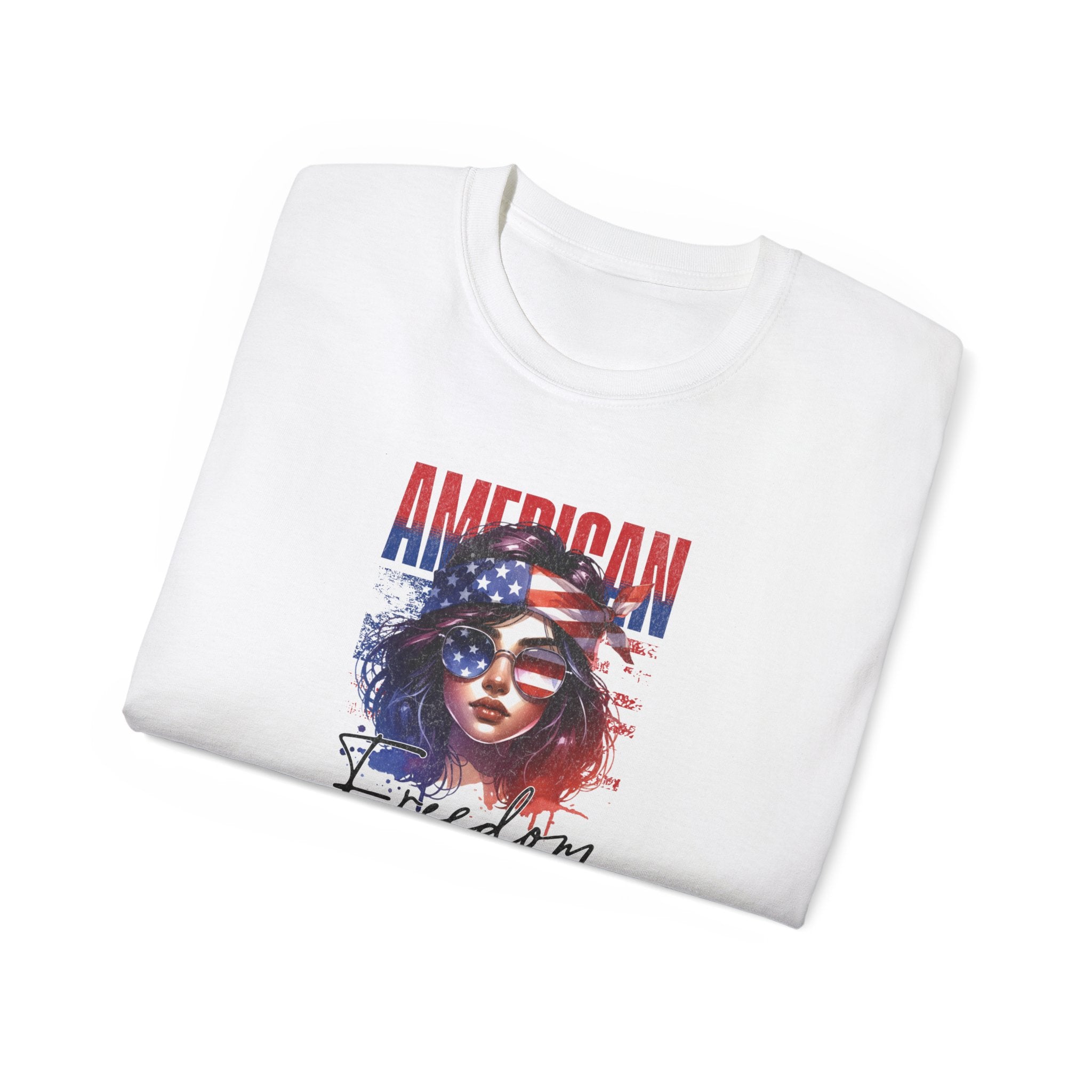 American Freedom Graphic Tee — Patriotic Flag Woman Design