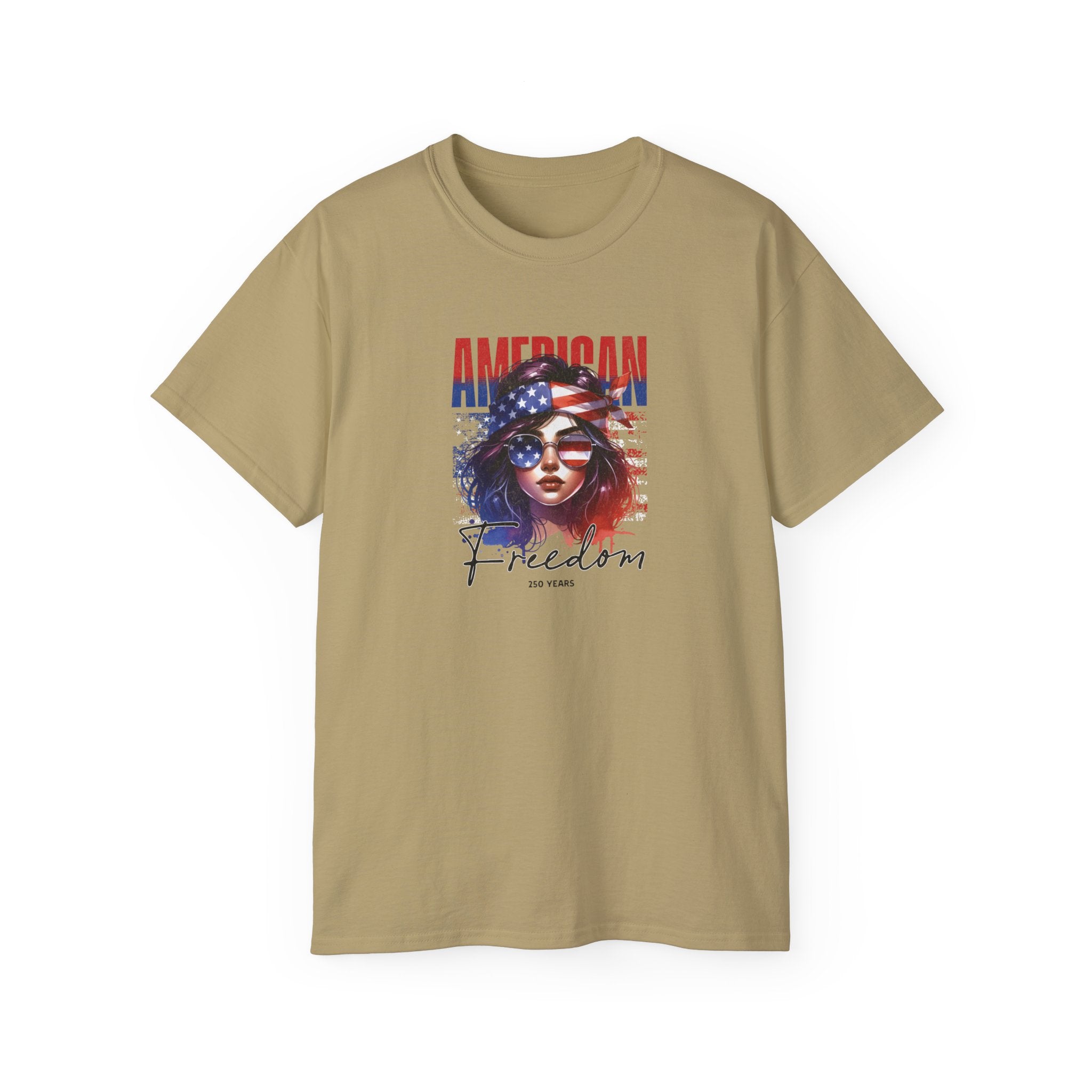 American Freedom Graphic Tee — Patriotic Flag Woman Design