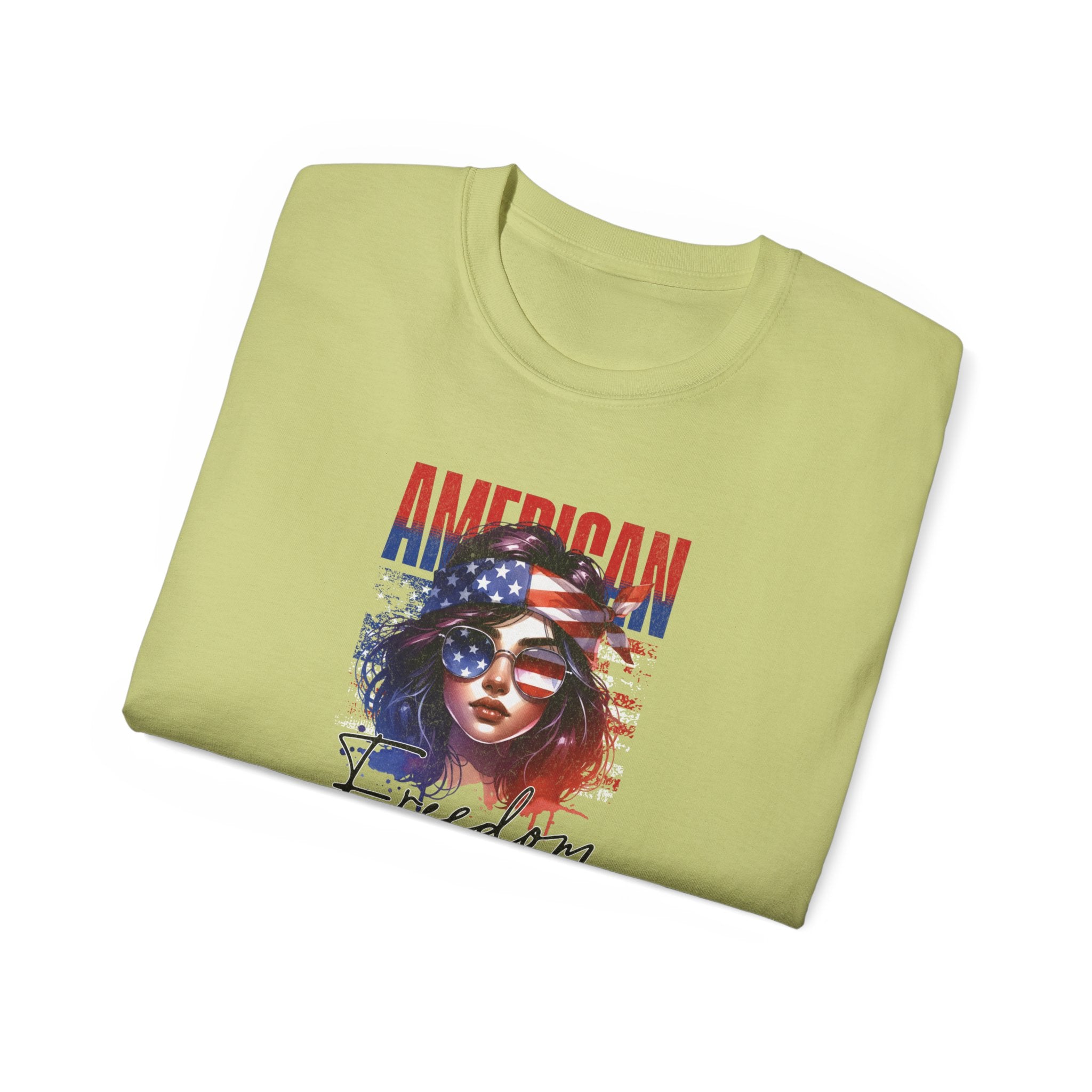American Freedom Graphic Tee — Patriotic Flag Woman Design