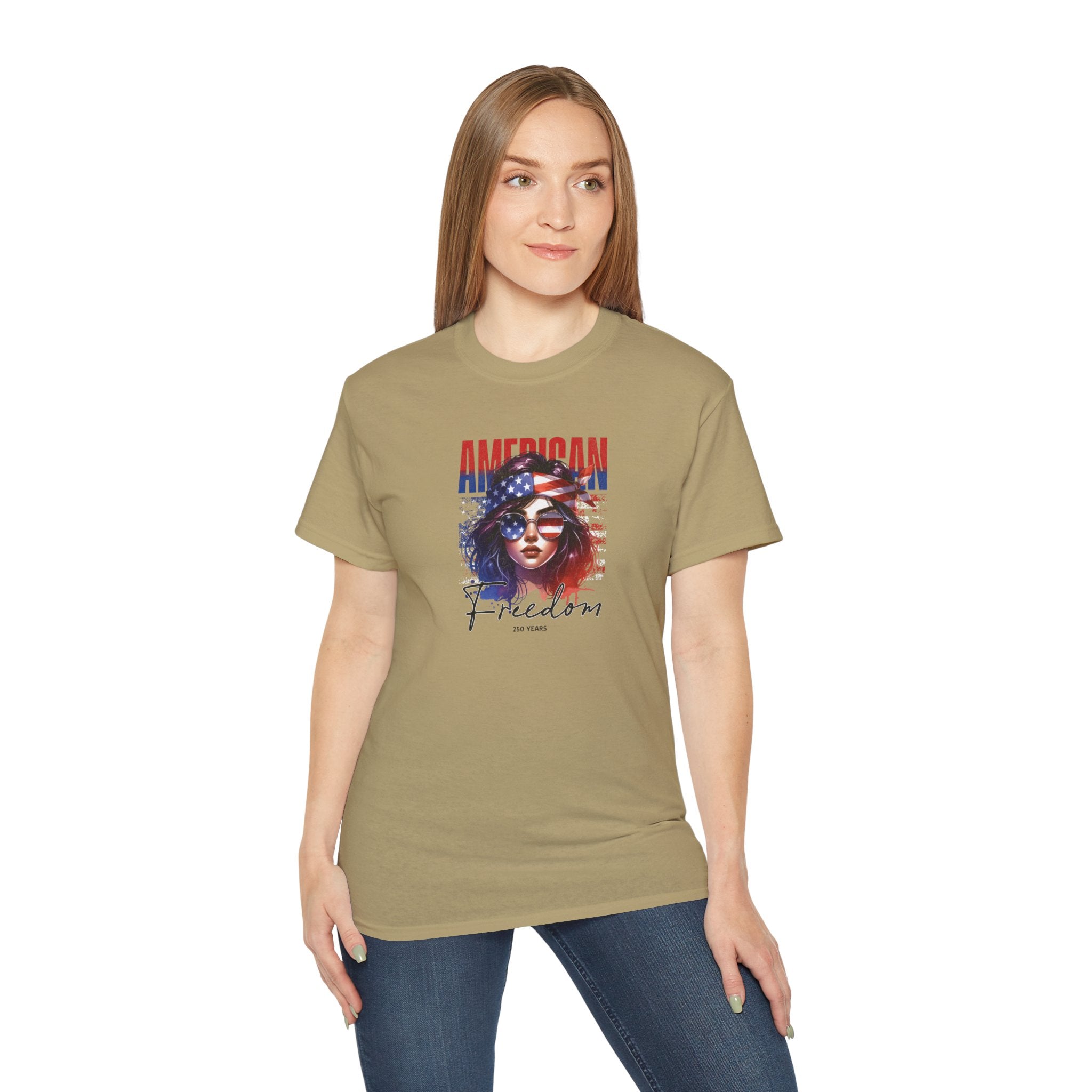American Freedom Graphic Tee — Patriotic Flag Woman Design