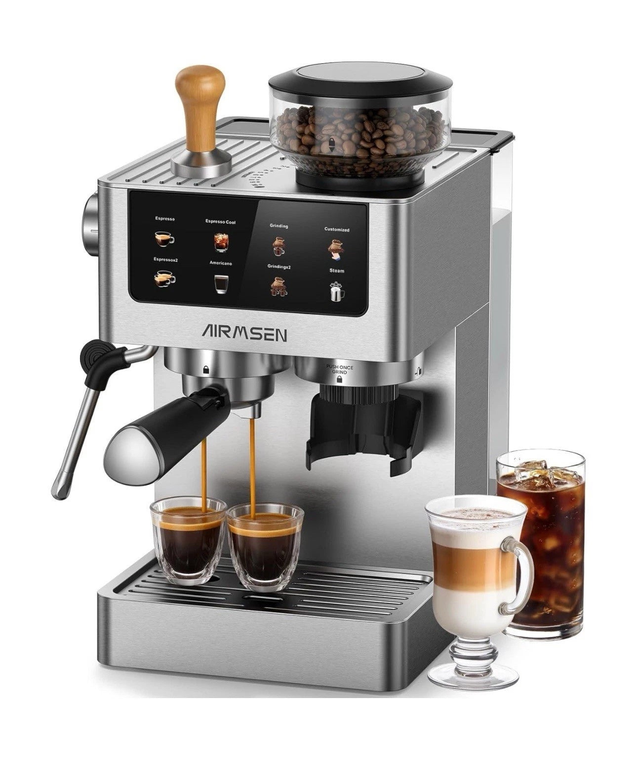 Airmsen Espresso Machines with Burr Grinder, 20 Bar, Milk Frother Steam Wand, Stainless