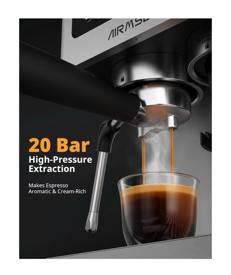 Airmsen Espresso Machines with Burr Grinder, 20 Bar, Milk Frother Steam Wand, Stainless