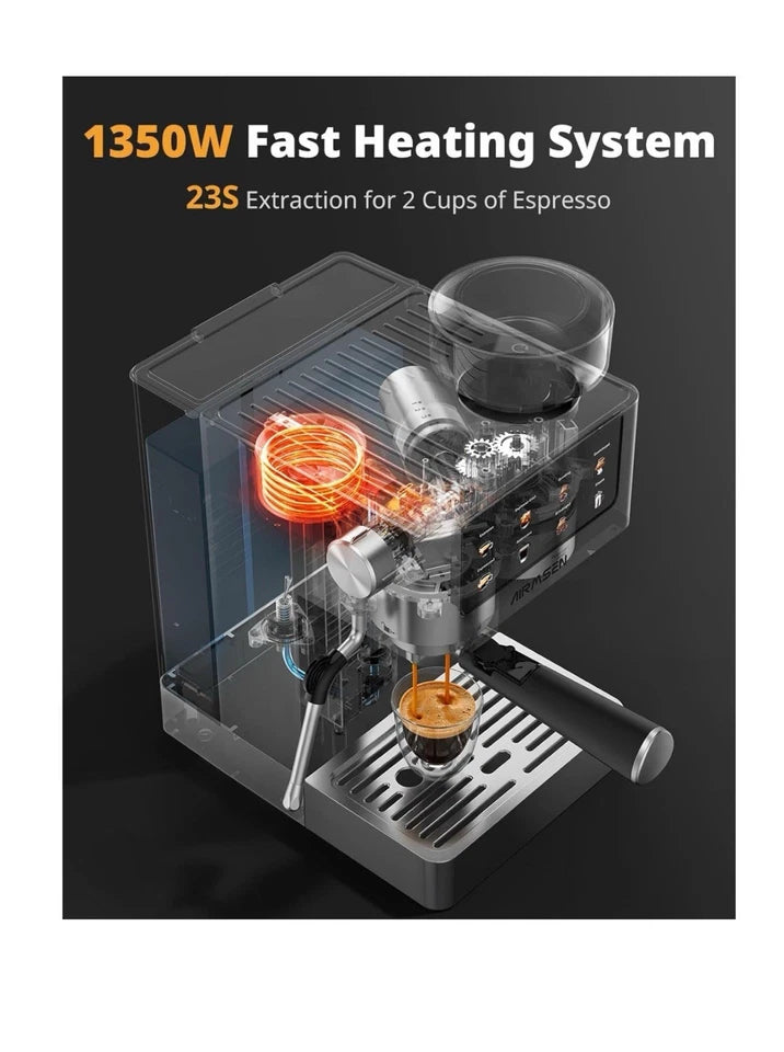 Airmsen Espresso Machines with Burr Grinder, 20 Bar, Milk Frother Steam Wand, Stainless